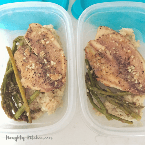 One Pan Baked Lemon Tilapia with Garlic Buttered Asparagus Meal Prep Idea Naughty-Kitchen.com