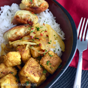 Golden Tofu Crunch Bowl Naughty-Kitchen.com Easy Recipe Vegan Vegetarian