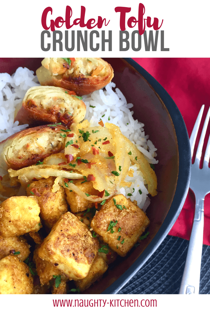 Golden Tofu Crunch Bowl Naughty-Kitchen.com Easy Recipe Vegan Vegetarian