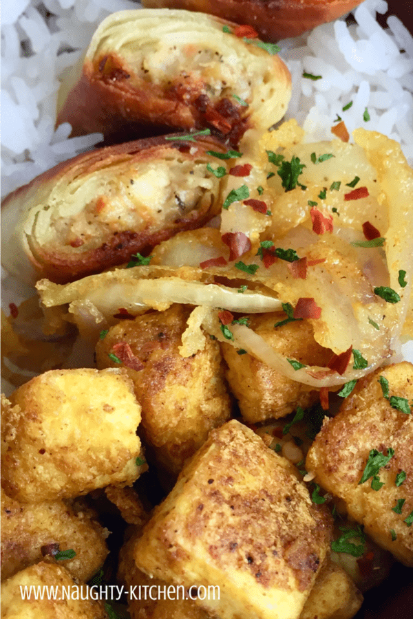 Golden Tofu Crunch Bowl Naughty-Kitchen.com Easy Recipe Vegan Vegetarian