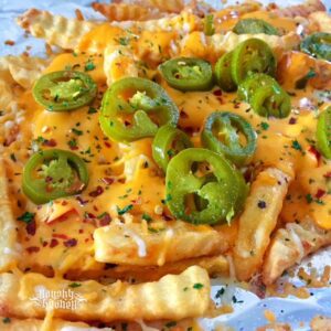 Cheesy Nacho Fries Appetizers Loaded Fries Jalapeno recipe Naughty-Kitchen.com