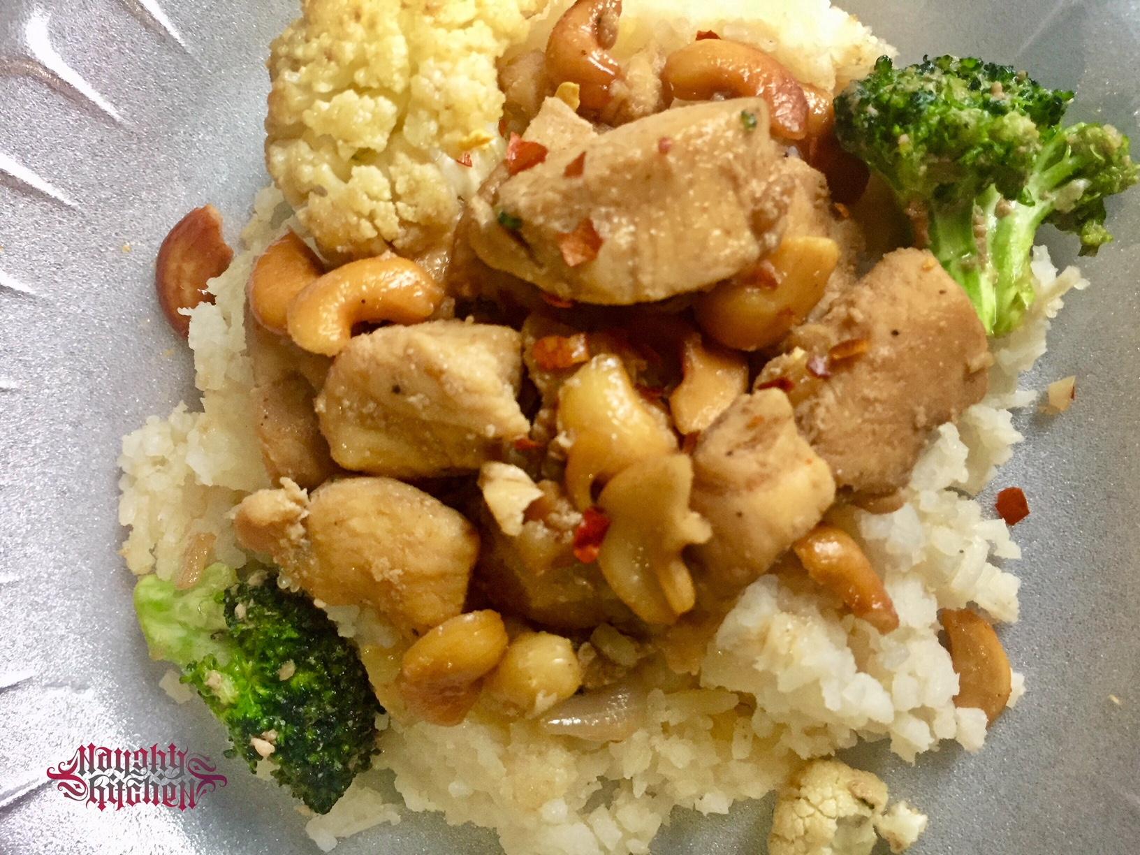 Healthy Cashew Chicken Stir Fry with broccoli and cauliflowers.