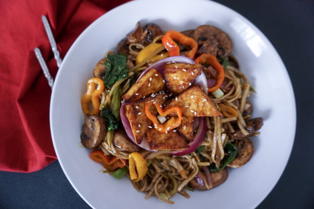 sweet and spicy tofu jungle noodles