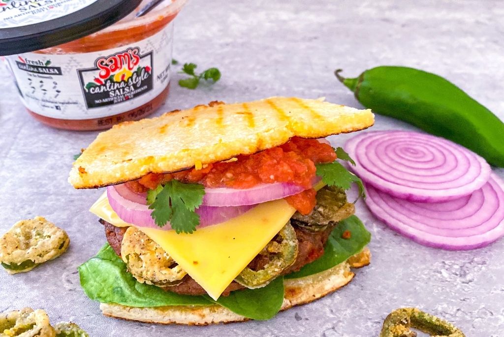 Cantina Salsa Cheese Burger with Sams Fresh Cantina Salsa 