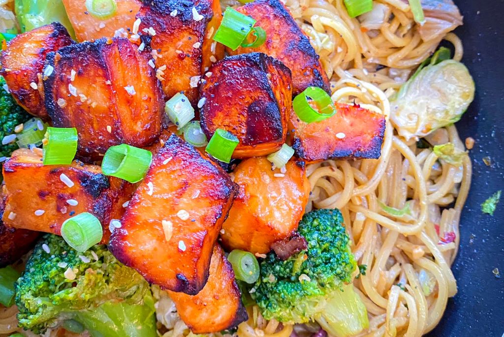 Honey Glazed Salmon Over Pancit Canton-Naughty Kitchen-OV