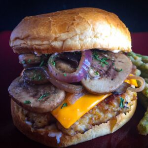 chicken cheese burger with grilled mushrooms and onions