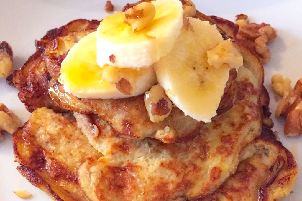 banana nut pancakes with walnuts and banana slices