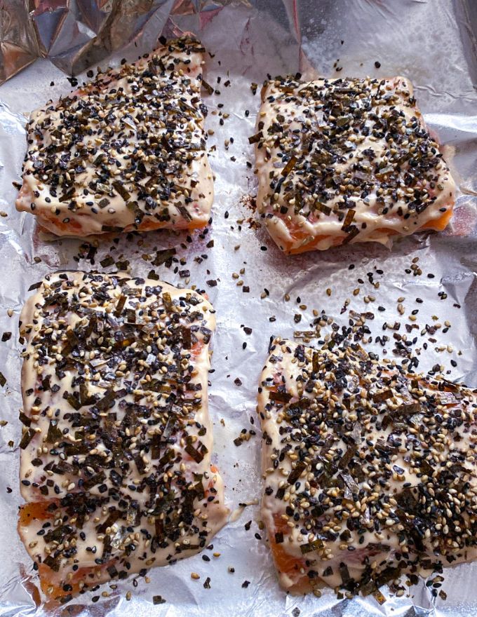 uncooked salmon with furikake seasonings