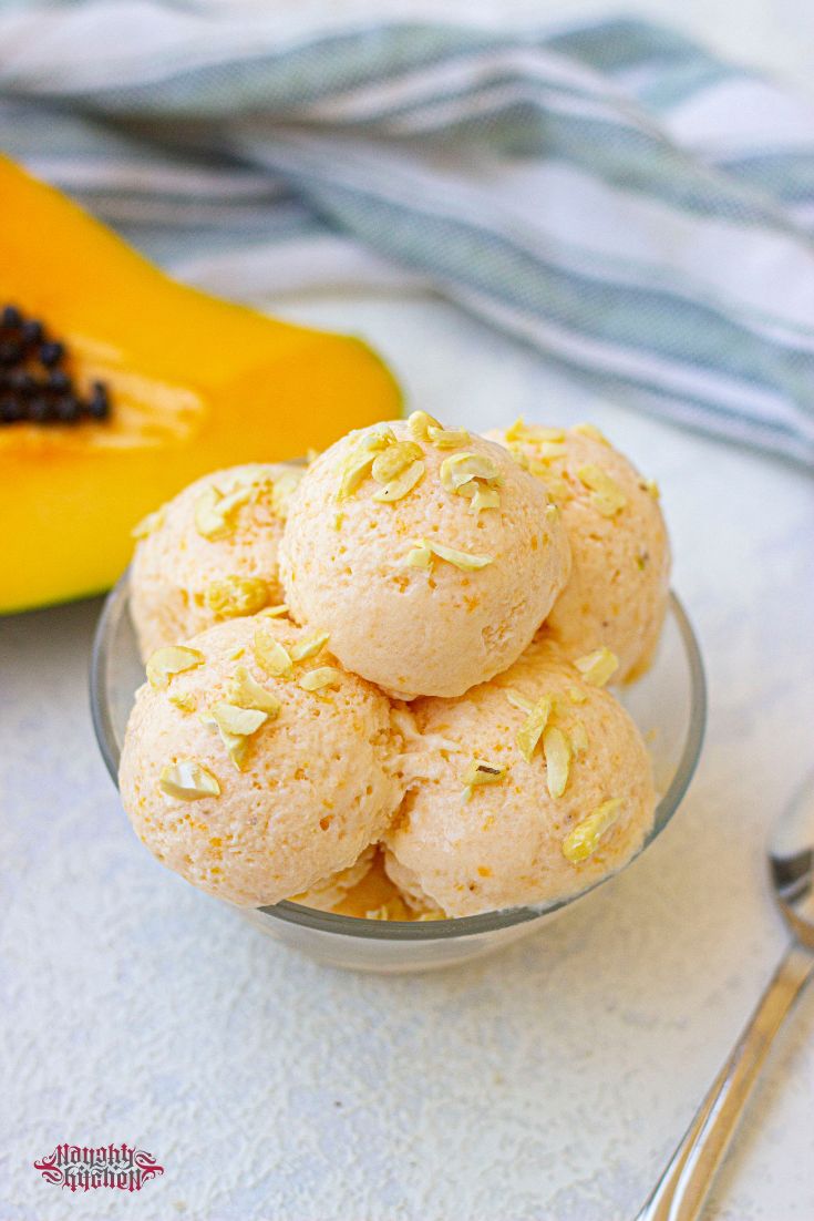 Banana Papaya Protein Ice Cream sprinkled with cashews