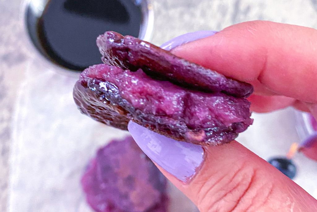 ube pancake coins close up