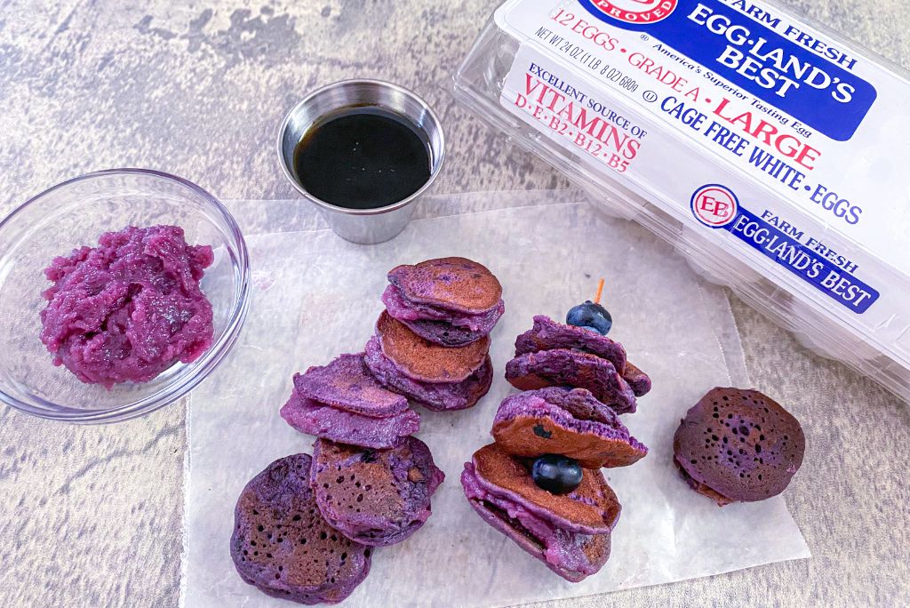 Ube Pancake Coins with maple syrup and ube halaya