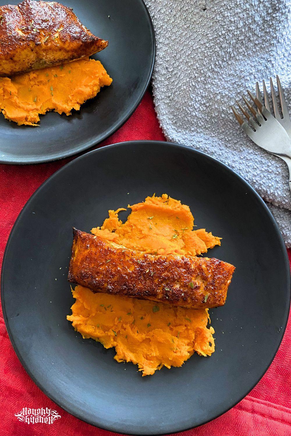 Broiled Maple Salmon with mashed sweet potatoes.