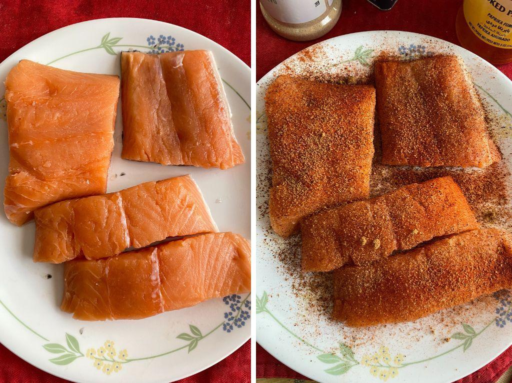 Raw and uncooked seasoned salmon filets.