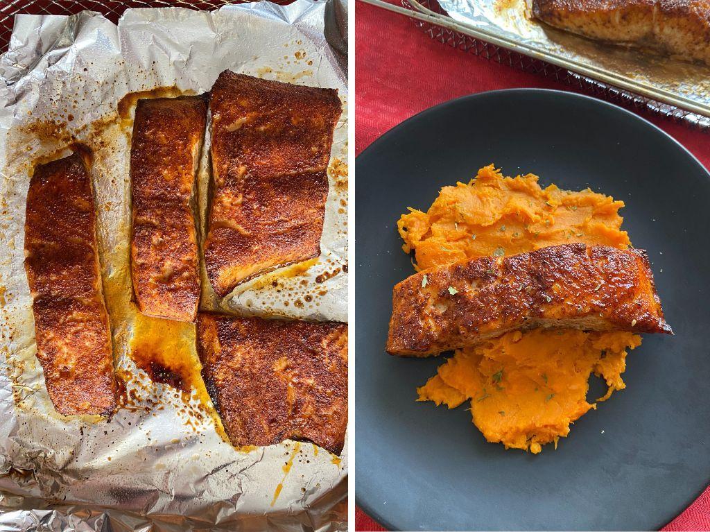 Broiled Maple Salmon on baking sheet.