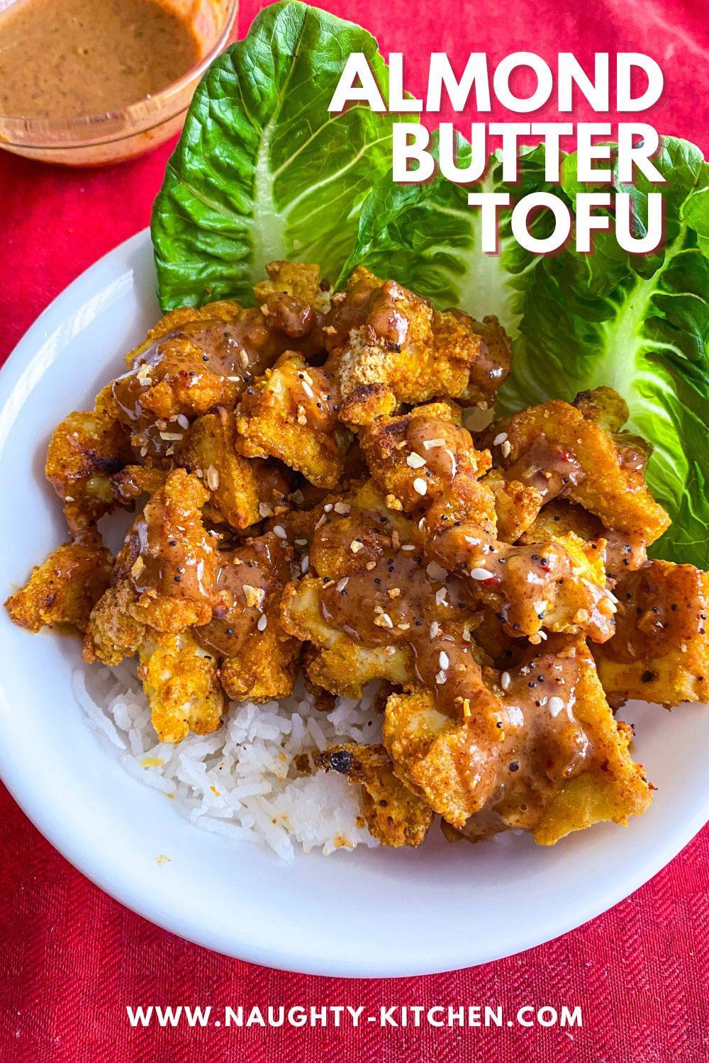 Almond Butter Tofu in a bowl with rice.