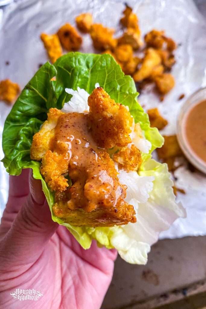 Almond Butter Tofu with lettuce and rice.