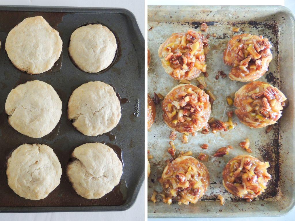 Upside Down Caramel Apple Biscuits in baking tray.