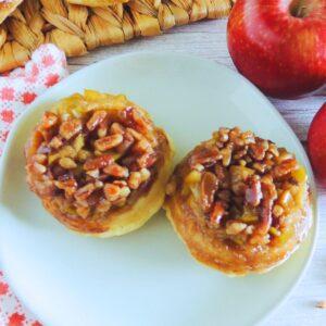 Upside Down Caramel Apple Biscuits in a white plate.