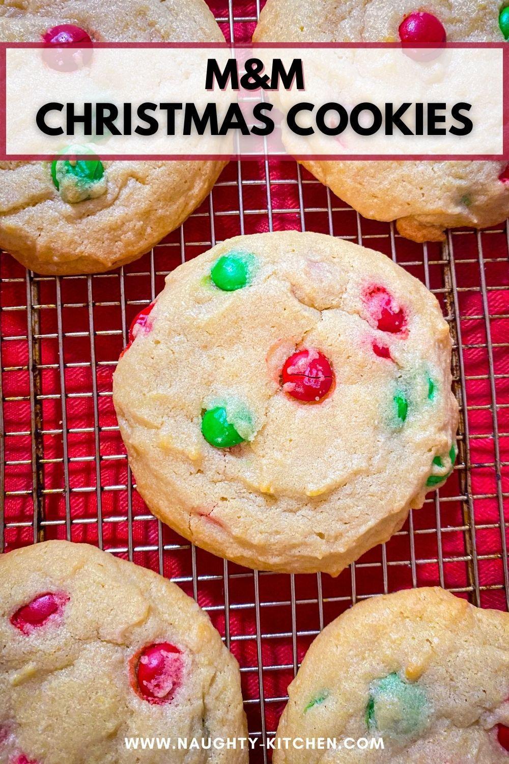 M&M Christmas Cookies on a rack.