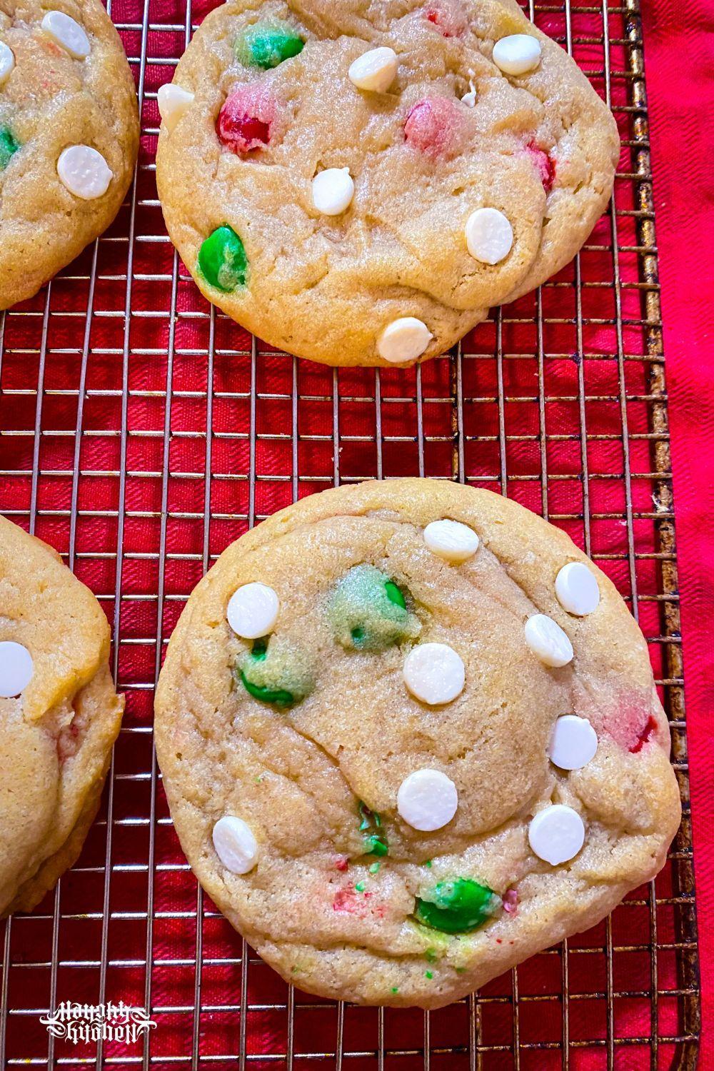 M&M Christmas Cookies with white chocolate chips.