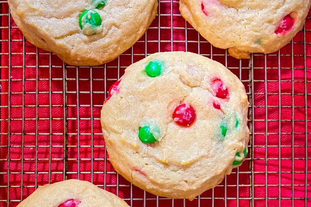 M&M Christmas Cookies close up.