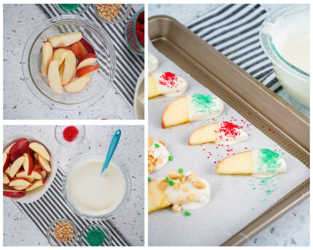 Holiday Dipped Apples and Strawberries process.