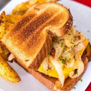 Vegan Patty Melt with grilled onions.