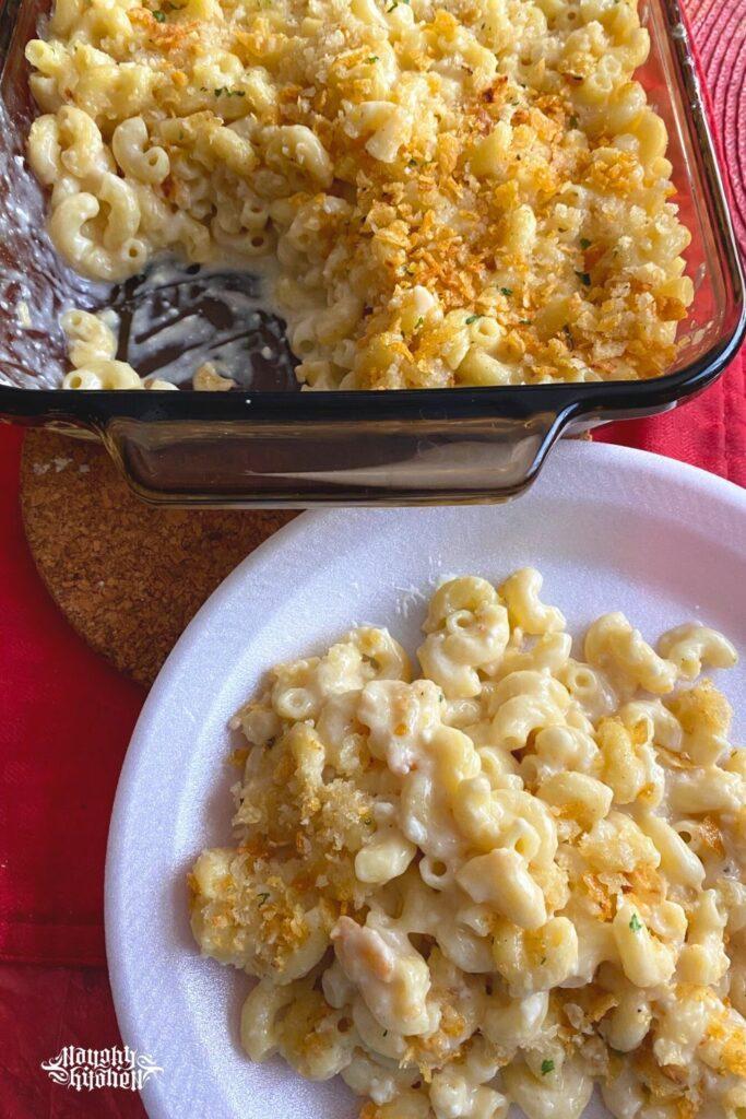 Queso Fresco Mac and Cheese with casserole dish.