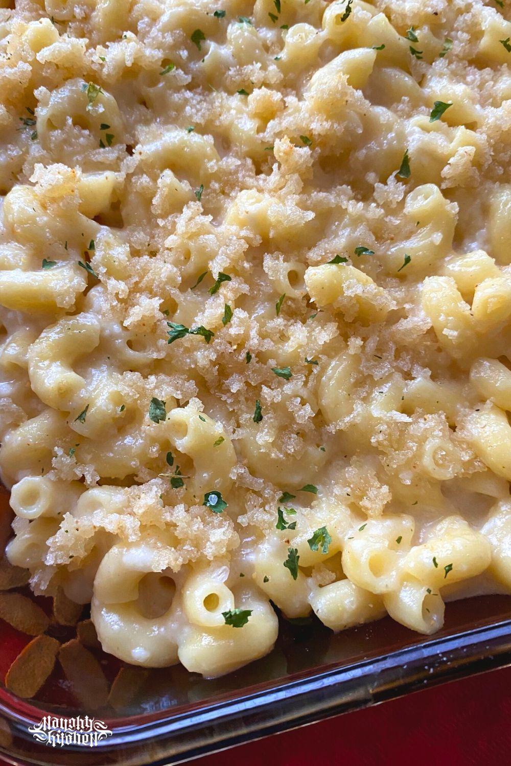 Creamy White Mac and Cheese in a casserole dish.