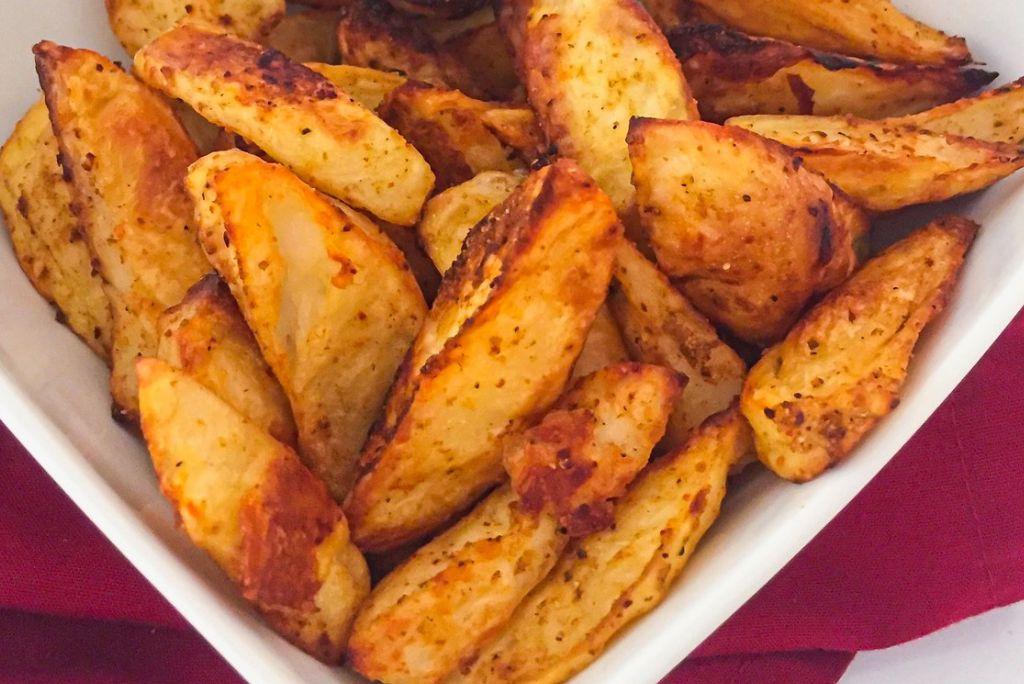 oven roasted red potato wedges close up.