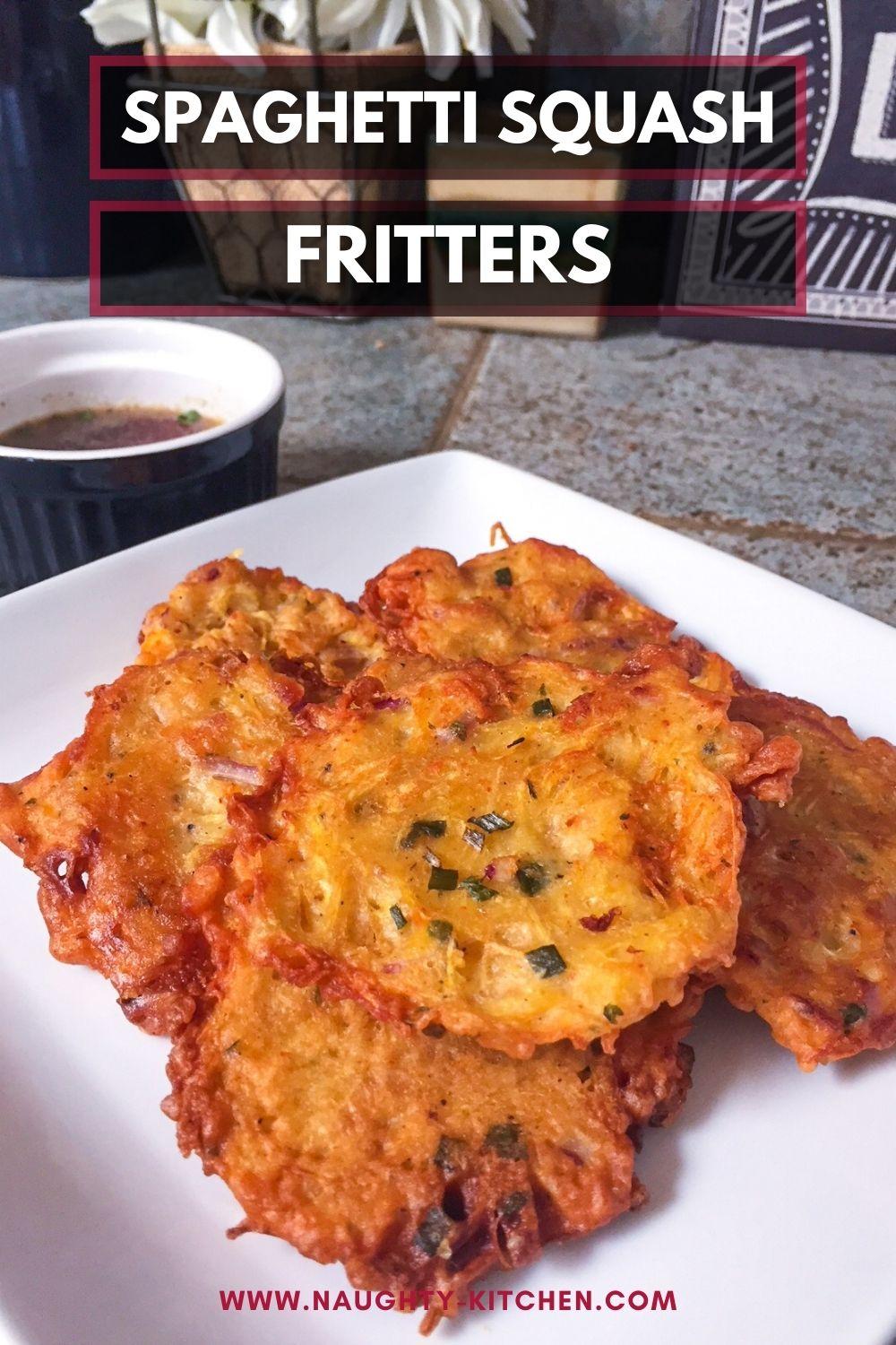 Spaghetti squash fritters on a white plate.