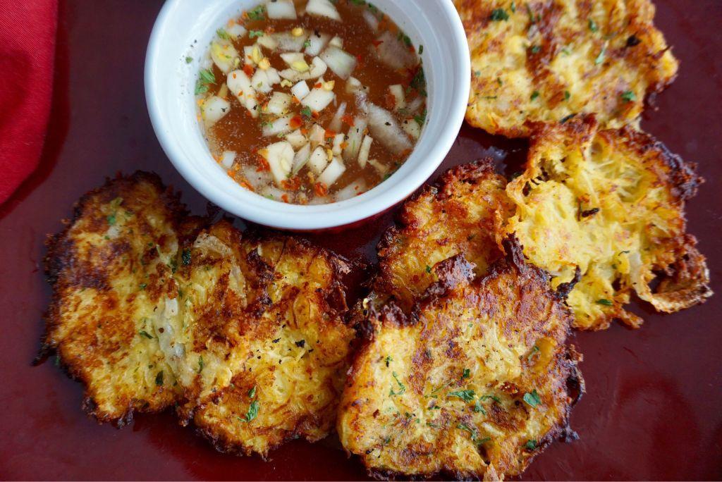 Overview of Spaghetti Squash Fritters with filipino garlic vinegar dip.