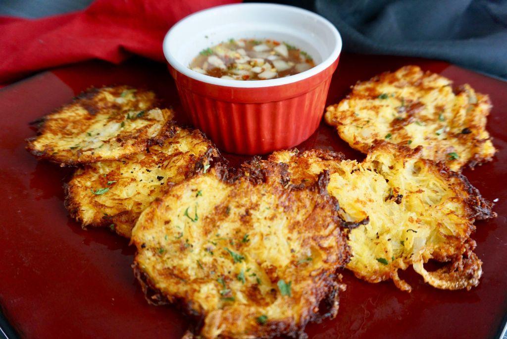 Spaghetti Squash Fritters with filipino garlic vinegar dip.