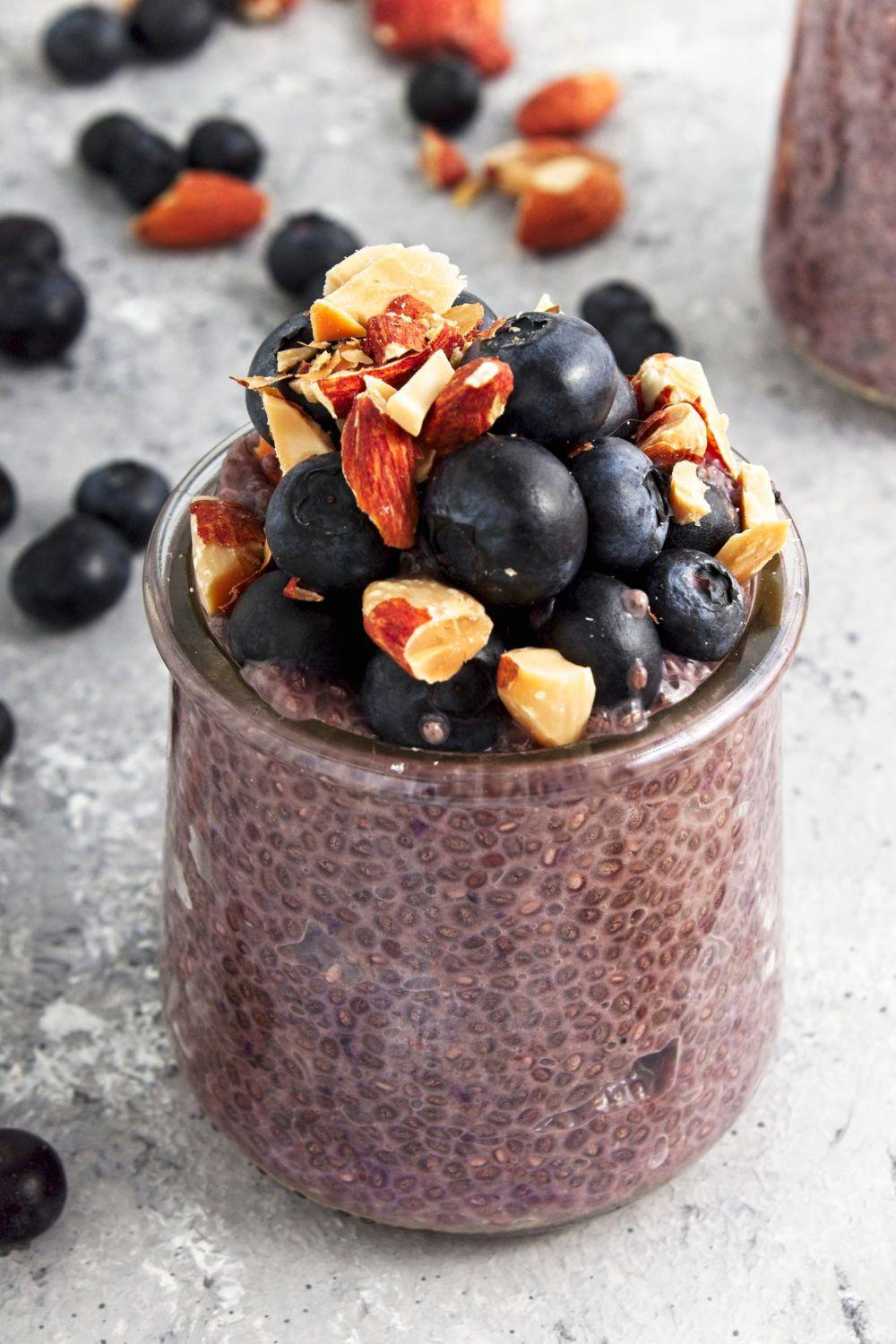 Close up of Blueberry Chia Pudding with blueberry and almonds.