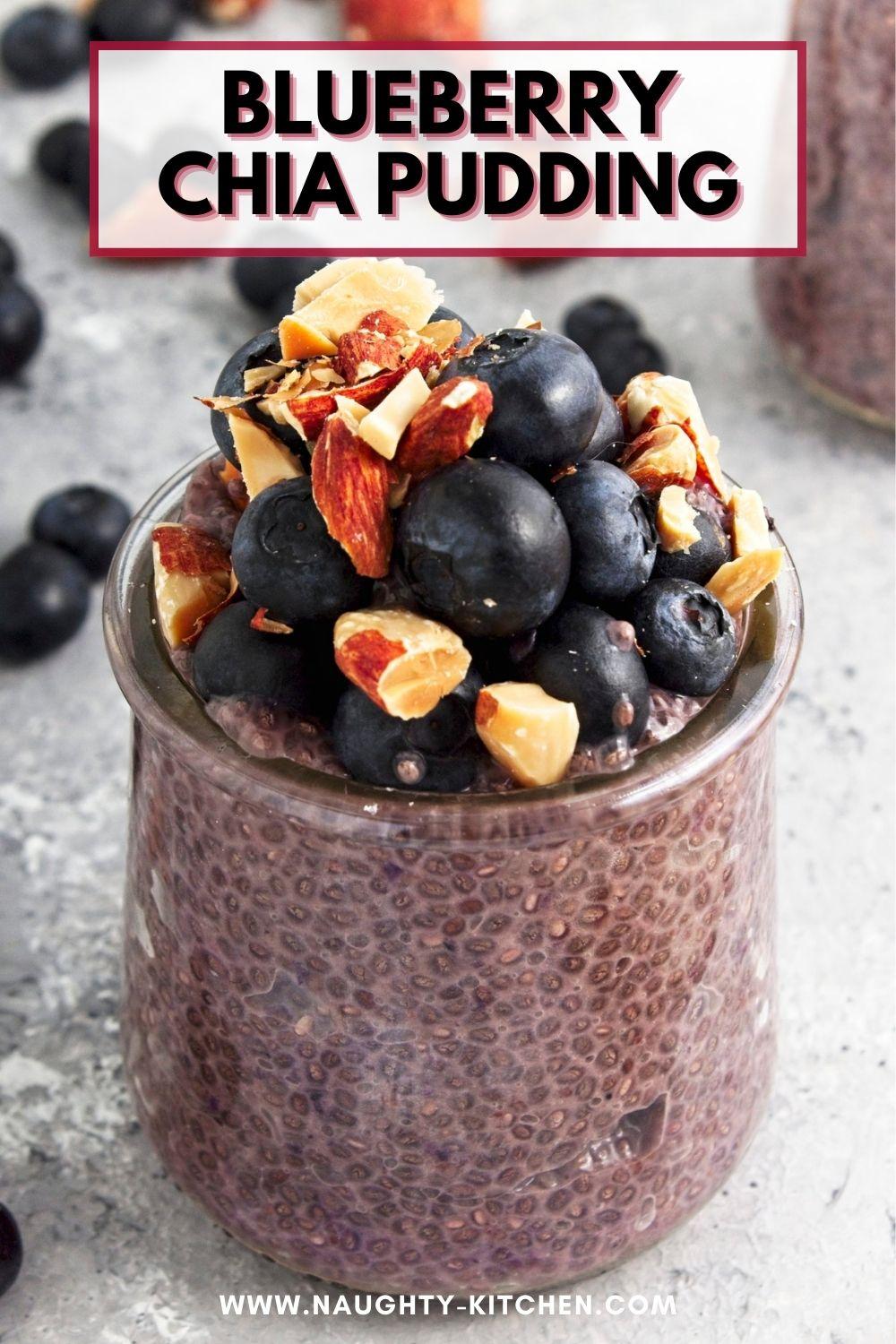 Blueberry Chia Pudding in a jar with blueberry and almonds.