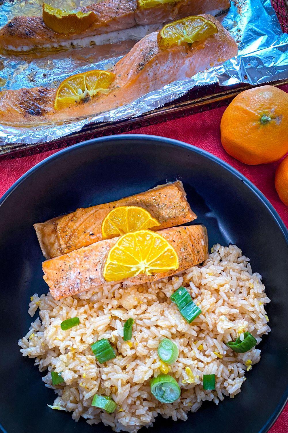 Calamansi Salmon with baking sheet and calamansis.