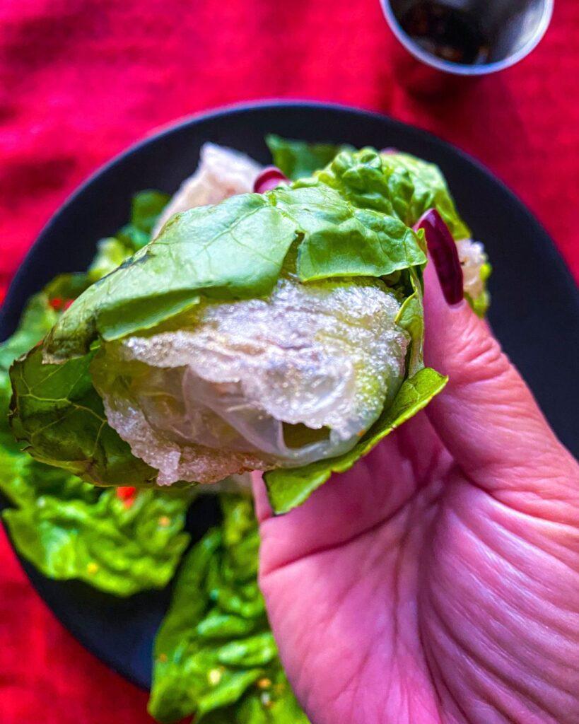 Crispy Rice Paper Dumplings wrapped in lettuce.