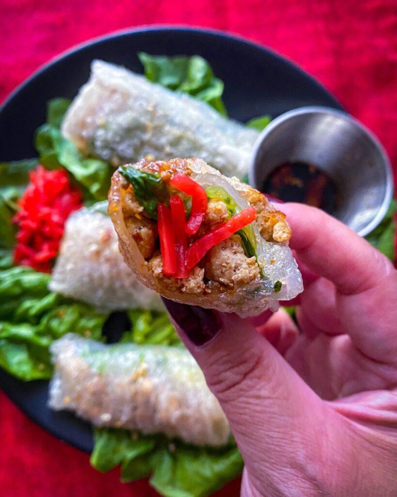 Crispy Rice Paper Dumplings with red pickled ginger.