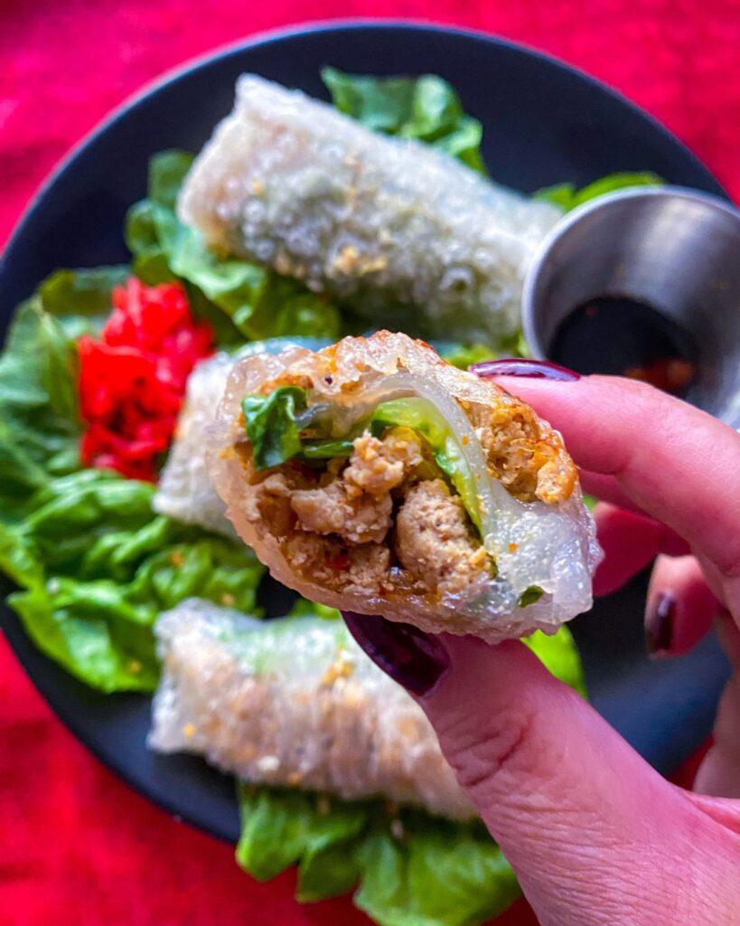 Crispy Rice Paper Dumplings with ground turkey filling.