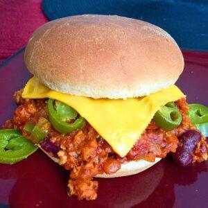 Vegetarian Sloppy Joes with dairy free cheese and jalapenos.