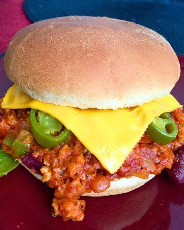 Vegetarian Sloppy Joes with dairy free cheese and jalapenos.