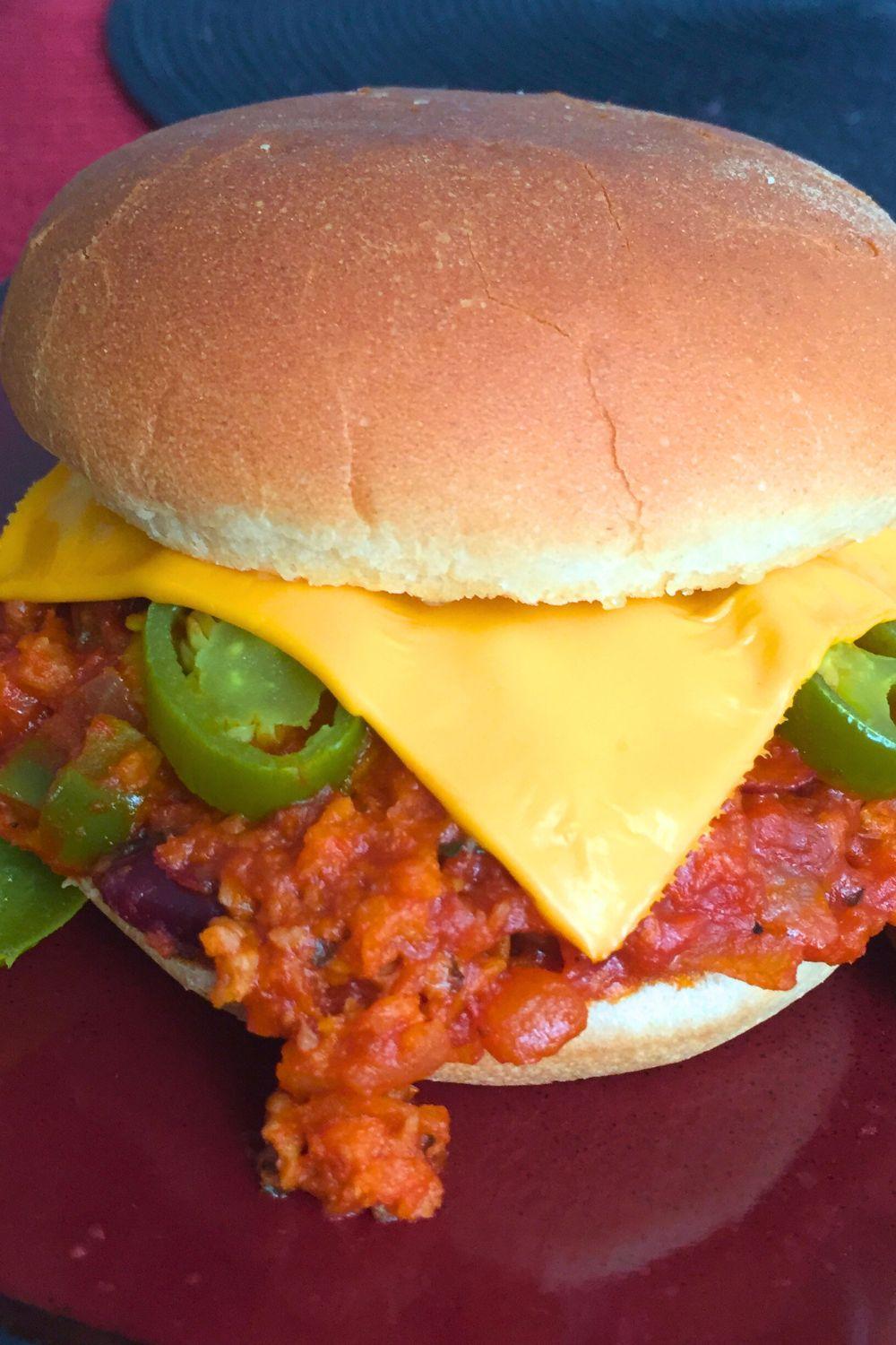 Vegetarian Sloppy Joes with dairy free cheddar cheese and jalapenos.