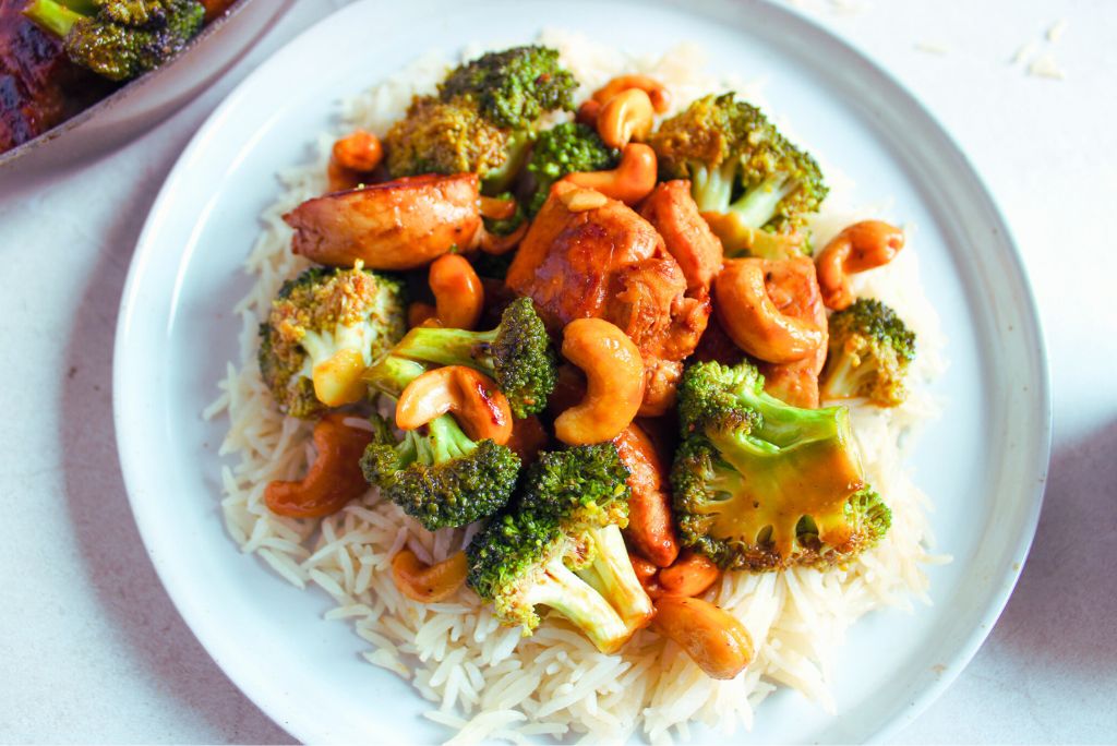 Cashiew Chicken with broccoli and rice.