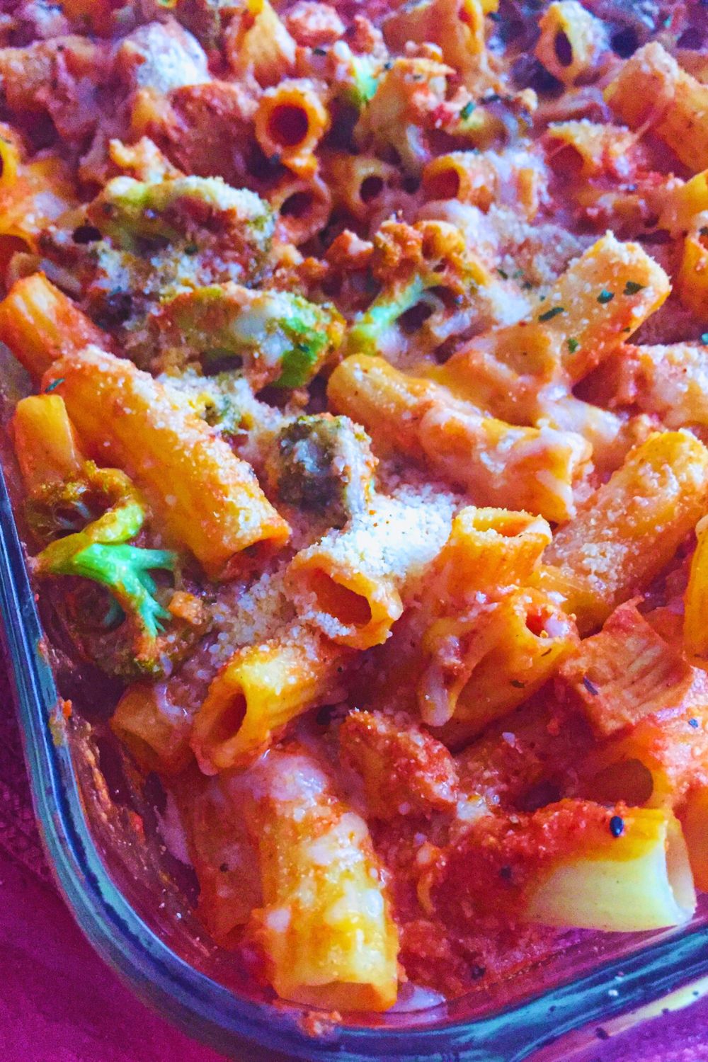 Chicken and broccoli rigatoni bake layered with Italian sauce and gooey cheese