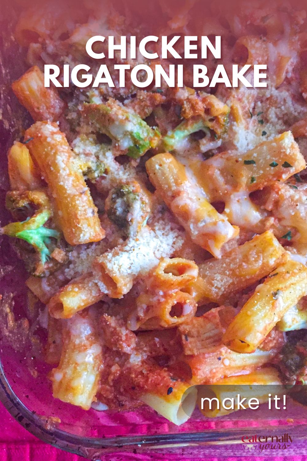 Creamy chicken pasta bake with melted cheese and golden crispy topping